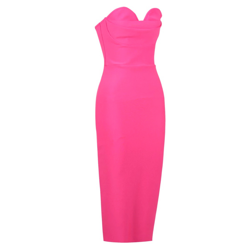 Strapless solid hot pink coloured mid-calf length dress. | Gina Kim