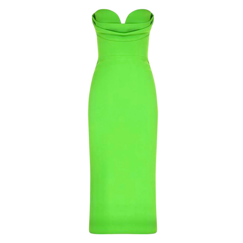 Strapless solid green coloured mid-calf length dress | Gina Kim