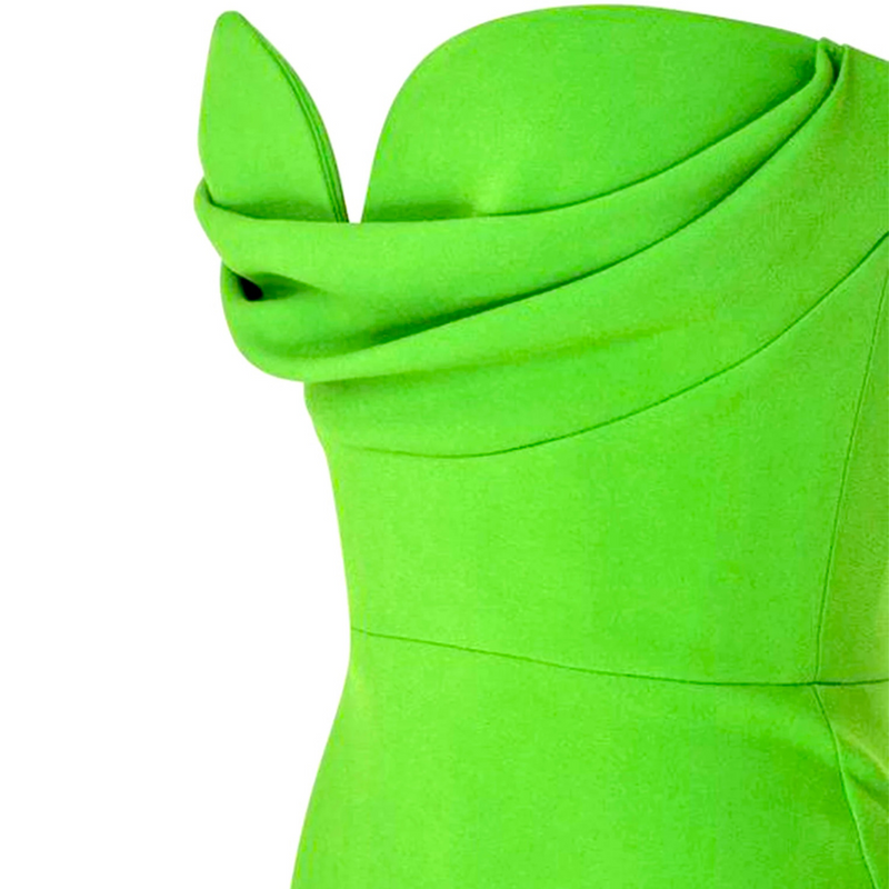 Strapless solid green coloured mid-calf length dress, close shot | Gina Kim