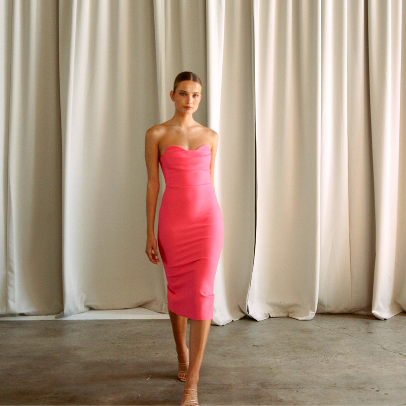 Strapless solid hot pink coloured mid-calf length dress. | Gina Kim