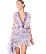 pleated organza ruffle fabric in white purple gradient, V neckline with lower backline dress & angled skirt hemline | Gina Kim