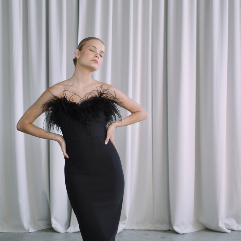 Black Strapless ankle length dress with ostrich feathers | Gina Kim