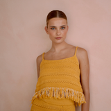 Yellow Short fringed knitted tank top and knee length skirt set | Gina Kim