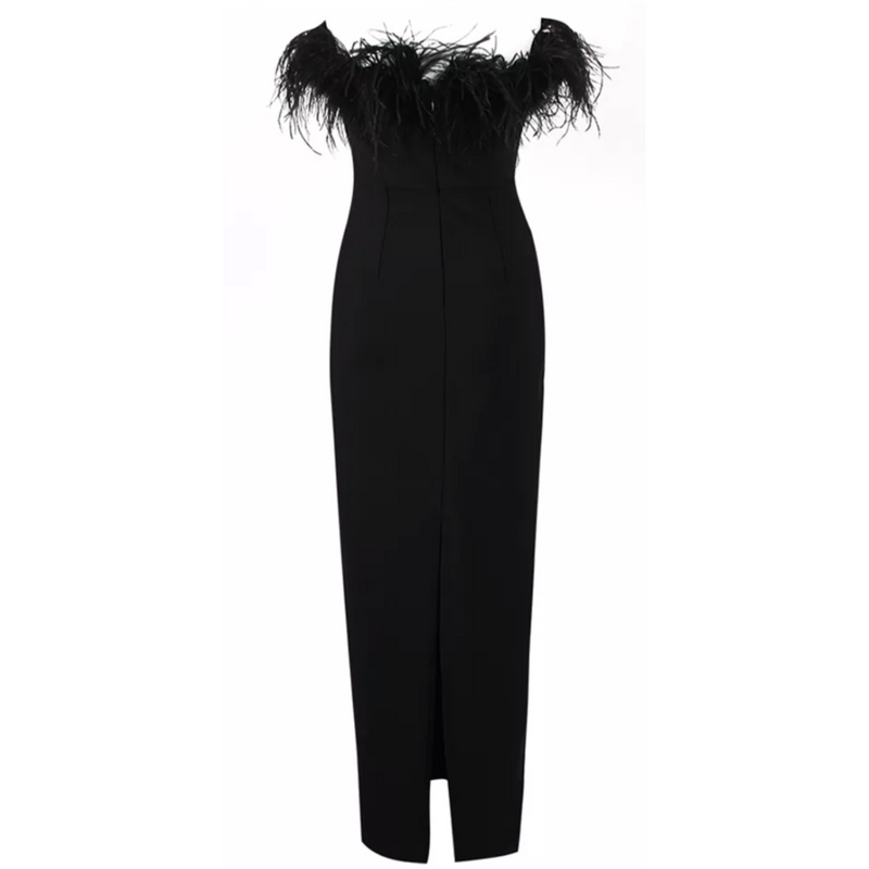 Back of the Black Strapless ankle length dress with ostrich feathers | Gina Kim