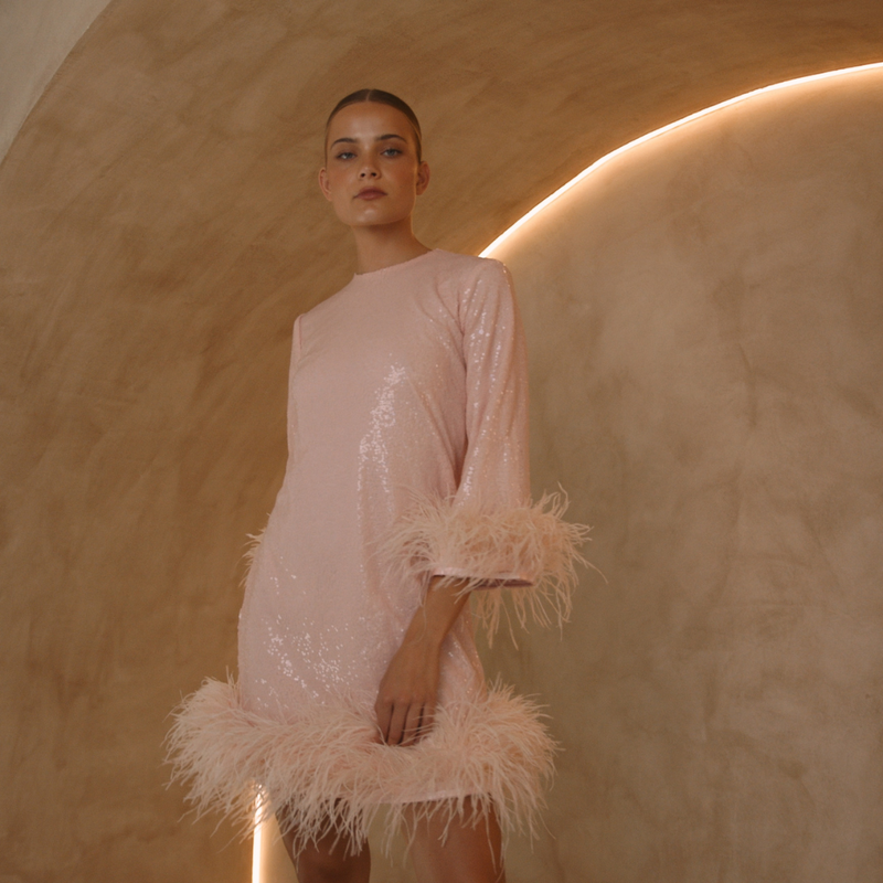 Sequin Dress With Feathers On Sleeve Sparkly One Shoulder Bodycon