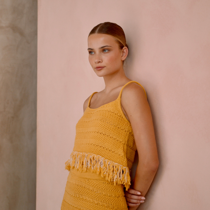 Yellow Short fringed knitted tank top and knee length skirt set | Gina Kim