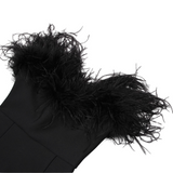 Black Strapless ankle length dress with ostrich feathers close look | Gina Kim