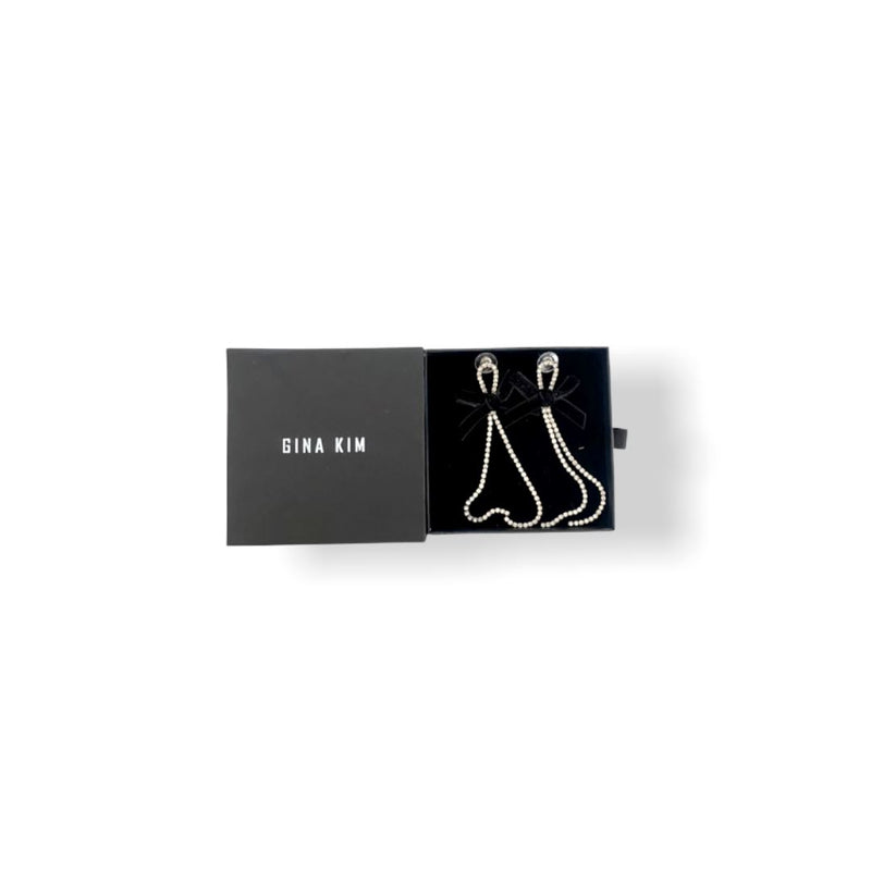 Zinc Alloy & Satin Ribbon Bowknot long Crystal drop earring in packaging | Gina Kim